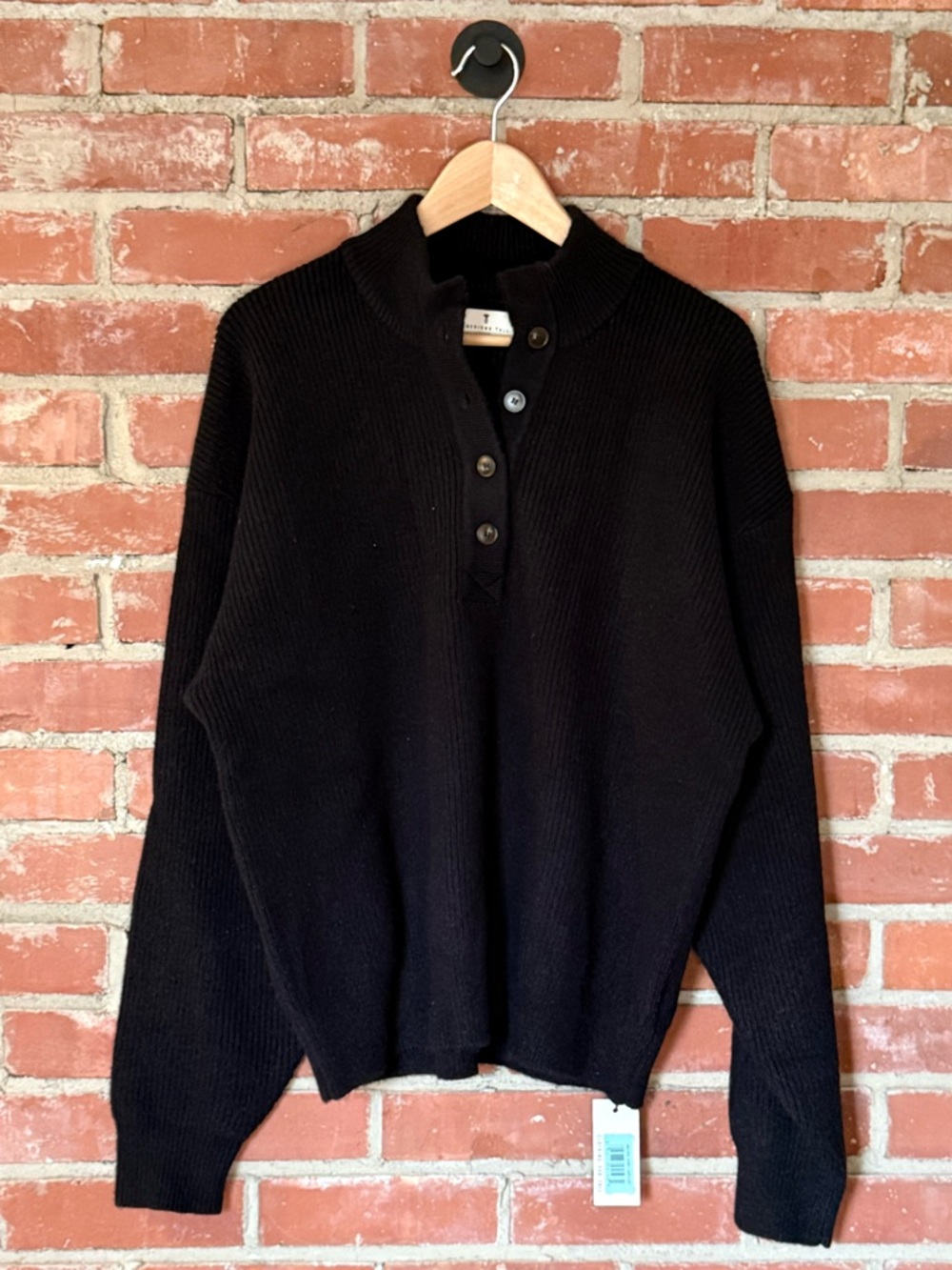**TALL**American Tall** Women’s Black Chunky Knit Button-Neck Ribbed Sweater